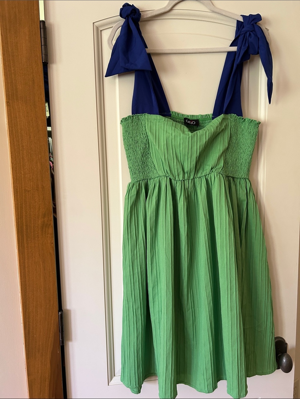 GIGIO Vibrant Green Sundress with Royal Blue Straps that tie on shoulders